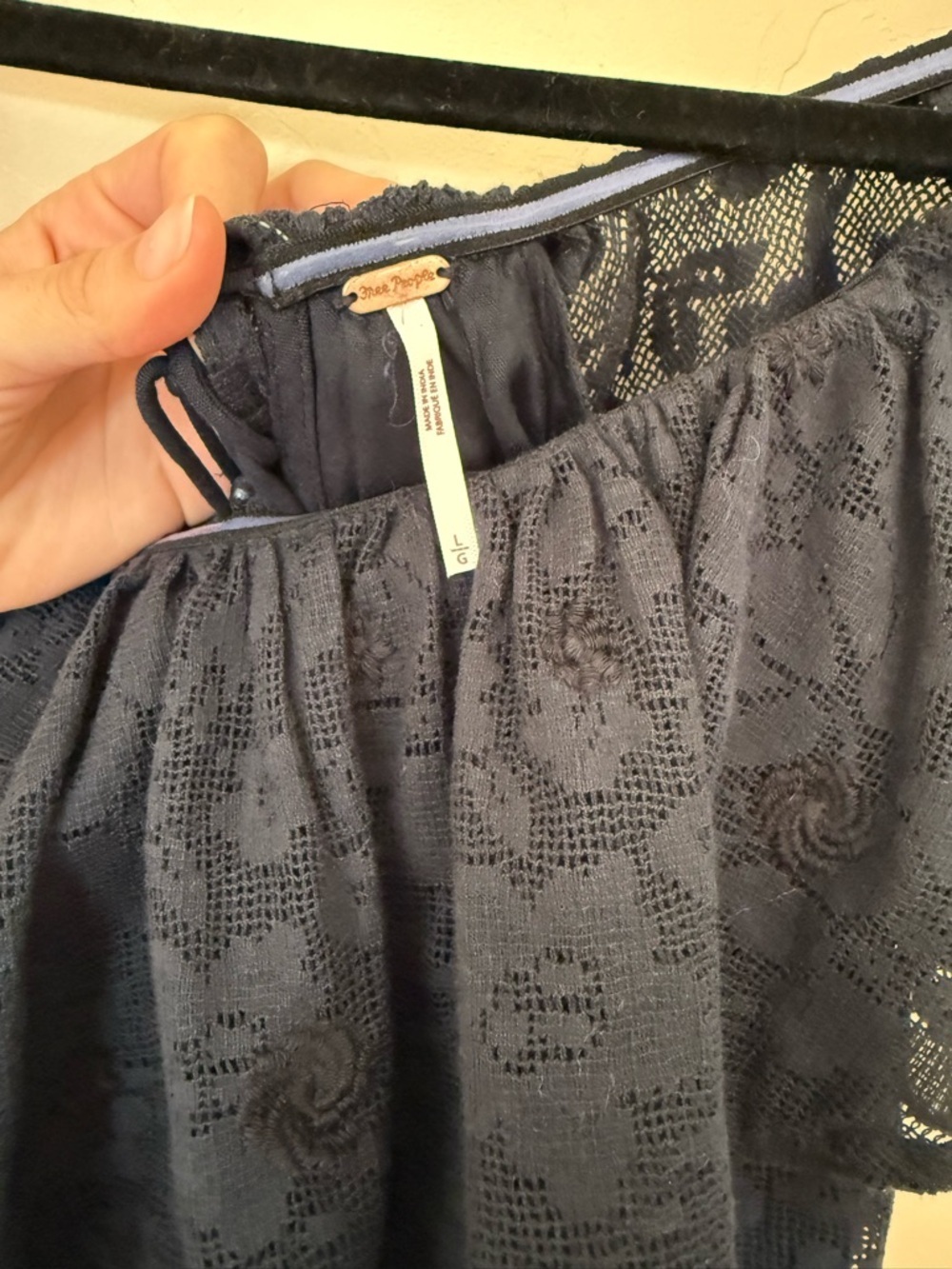 Free People Navy Lace Off Shoulder Mini Dress Boho Romantic Cottagecore - Picture 9 of 10